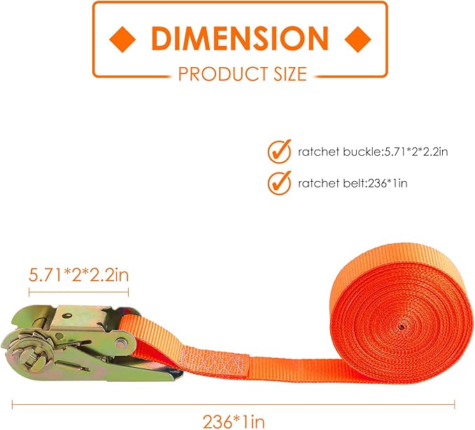 LIFERUN 10 Pack 1" x 20' Ratchet Straps Heavy Duty, 1760lbs Break Strength Endless Ratchet Strap, NO Hook, Tie Down Straps for Motorcycles, Goods, Luggage,Orange
