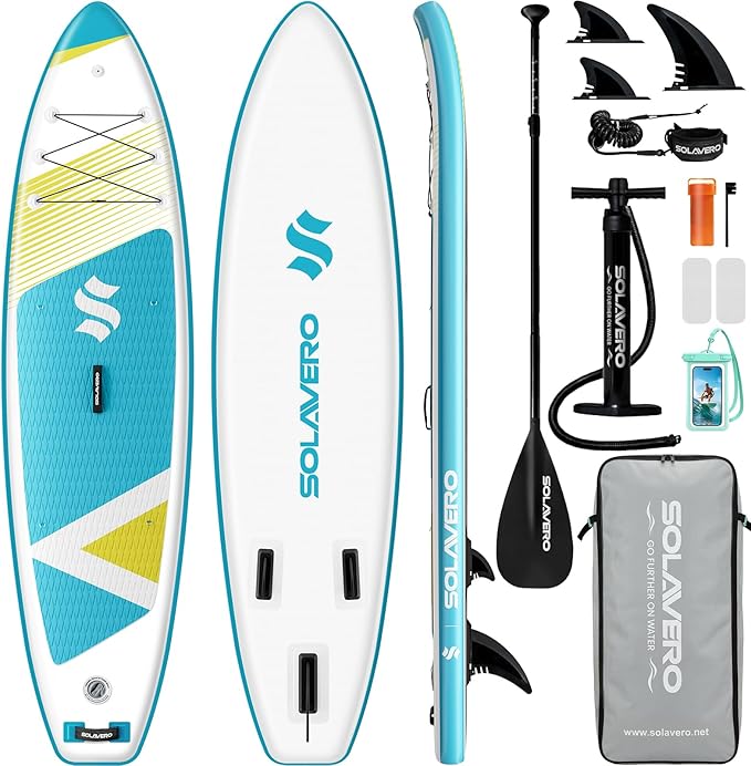 SOLAVERO Stand Up Paddle Board, 11‘ Inflatable SUP Supports 500LB - Wide Stable Board with Non-Slip EVA Deck for Adults & Youth of All Skill Levels
