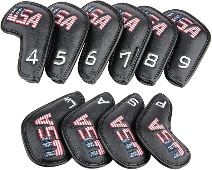 Black Leather USA Golf Club Iron Wedge Head Covers Fit All Brands