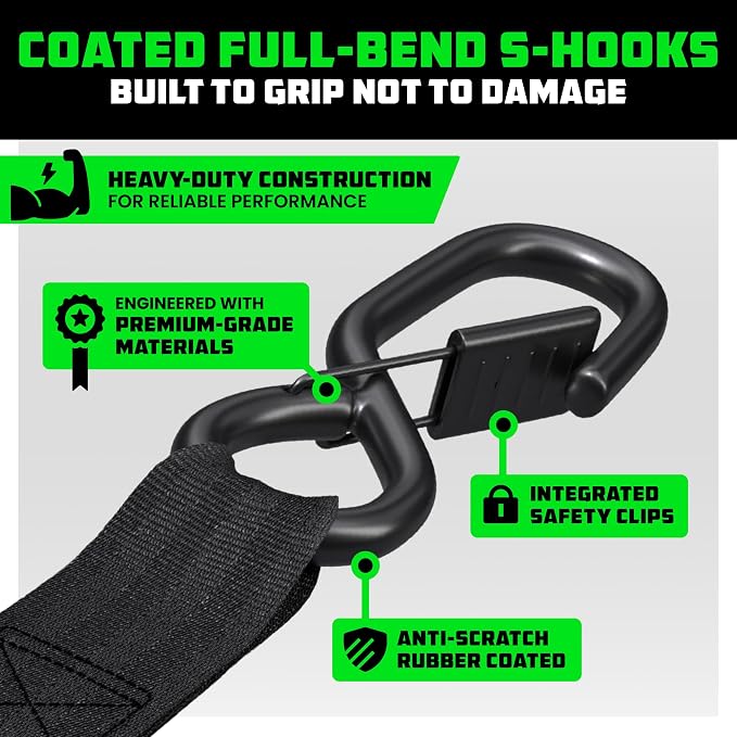Rhino USA Ratchet Straps Heavy Duty Kit (4-Pack) - 1.6 Inch x 15 Feet Min Break Strength (5,000) - Ultimate Tie Down Straps with Safety S Hooks for Trucks, ATV, UTV, Motorcycle, Cargo & More - Black