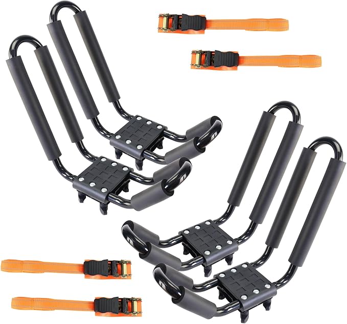 2 Pairs Heavy Duty Kayak Roof Rack J-Bar Carrier Holder - Includes 4 Pcs Ratchet for Canoe, SUV, Cars, Truck, Surf Ski, Tie-Mount on Car Roof Top Crossbar for Trip, Set of 4