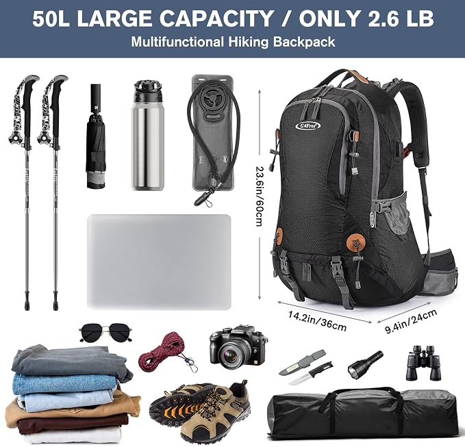 G4Free 50L Hiking Backpack Waterproof Daypack Outdoor Camping Climbing Backpack with Rain Cover for Men Women