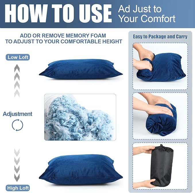 SmoothNovelty 2 Pack Camping Pillow for Sleeping Shredded Memory Foam Travel Pillow with Storage Bag, Compressible Portable Pillow for Outdoor Camp Backpacking Hiking Essential Gear(Blue,Medium)