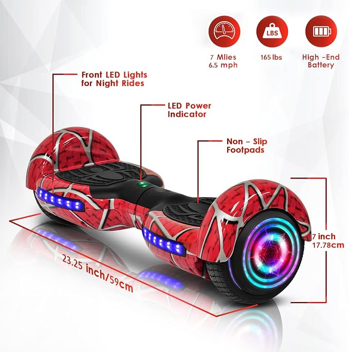 Spider-Pattern Hover Board for Kids Ages 6-12, with Bluetooth Speaker and LED Lights 6.5" Hover Board, UL2272 Safety Certified (Red)