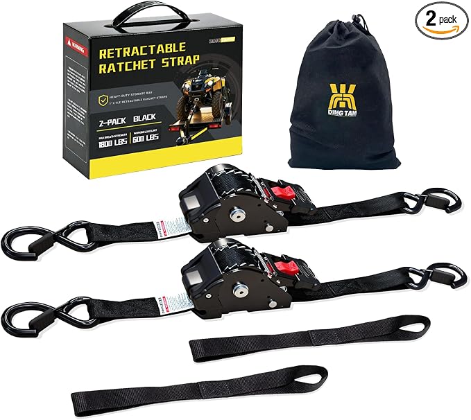 Retractable Ratchet Straps (2-Pack) - 1'' x 11.5' (1,800lb Break Strength) - Heavy Duty Auto Self Retracting Tie Down Straps for Truck, Cargo Trailer, Motorcycle, Rad & More - Black
