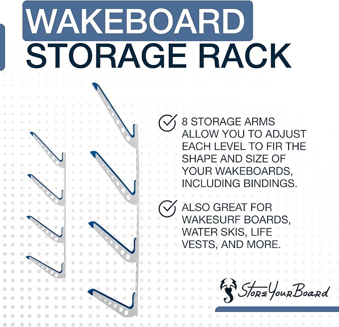 StoreYourBoard Adjustable Wakeboard Storage Rack – Wall Mount 4 Level Display, Heavy Duty Water Sports Gear Hanger for Wakeboards, Wakesurf Boards, and More, Holds up to 100 lbs