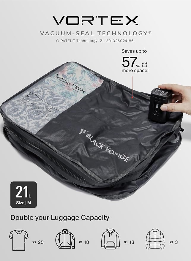 Black Voyage Reusable Vacuum Compression Travel Bag for Carry-On Suitcase and Backpack, Recycled IPX8 Waterproof Space Saver Vacpack (1-Pack, 21L - Pump Included)