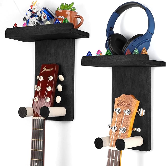 Keebofly Guitar Wall Hanger,2 Pack Guitar Wall Mount Holder Guitar Hanger Shelf with Pick Holder Wood Guitar Rack for Acoustic or Electric Guitar,Ukulele,Bass,Mandolin Black,[Patented]
