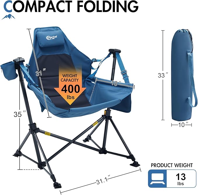 Portal Hammock Camping Chair Heavy Duty 400lbs - Swinging Chair Outdoor with Adjustable Recline & Headrest Pillow, Portable Hammock Swing Chair for Camping Beach Sports Events, Blue