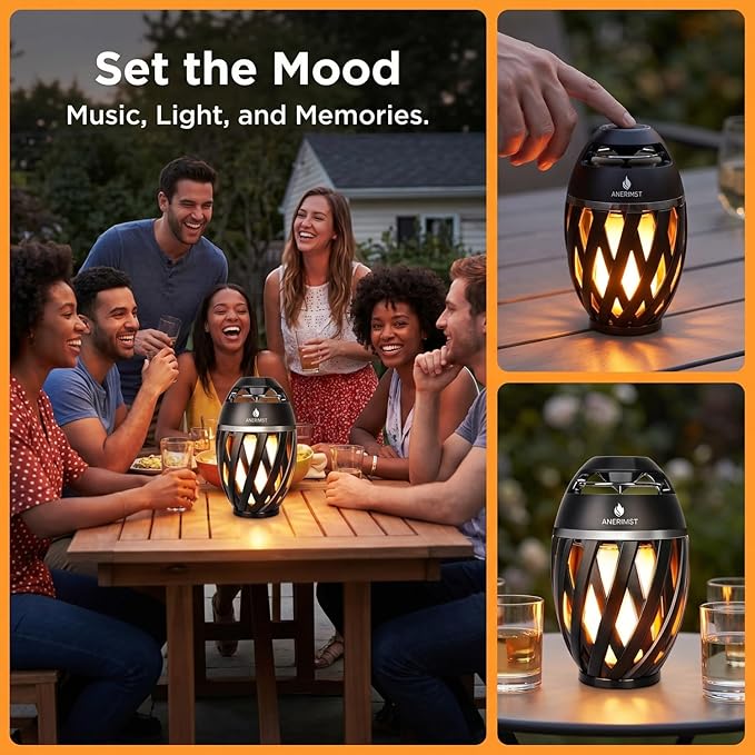 ANERIMST for Dad, Outdoor Bluetooth Speakers with LED Torch Light – Wireless & Waterproof Speaker for Garden, Patio, 360° Sound, 24-Hour Playtime for Men, 2 Pack (Black)