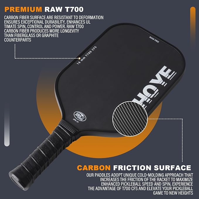 Aihoye PRO Pickleball Paddles- Raw T700 Carbon Fiber Textured Surface (CFS) with High Grit & Spin, Pickleball Paddles with 16MM Polypropylene Honeycomb Core, USAPA Approved