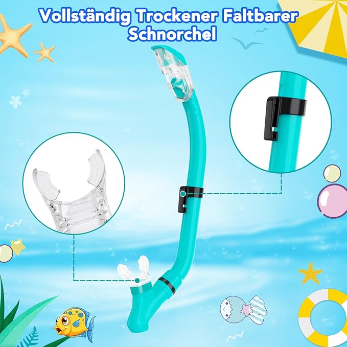 Snorkeling Gear for Kids with Foldable Silicone Full Dry Snorkel, Kids Snorkel Set Anti Leak Youth Junior Snorkeling Package Diving Mask Soft Tube with Mesh Bag Scuba Swimming Goggles