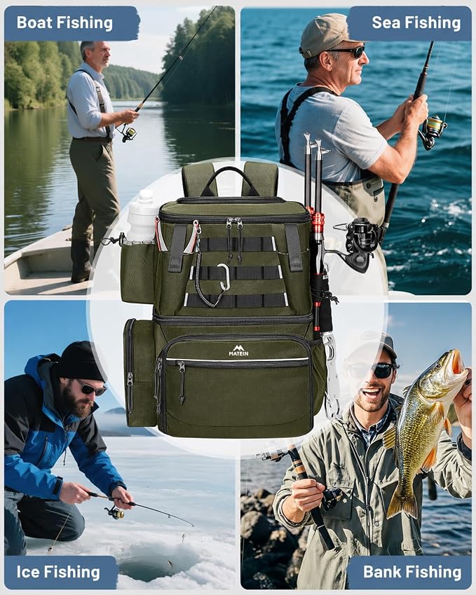 MATEIN Fishing Backpack with 4 Tackle Boxes, Fishing Bag with Rod Holder | 3600 Tackle Box 4 Pack, Water Resistant Tackle Backpack with Cooler Compartment, Safety Compass, Gifts for Fishermen