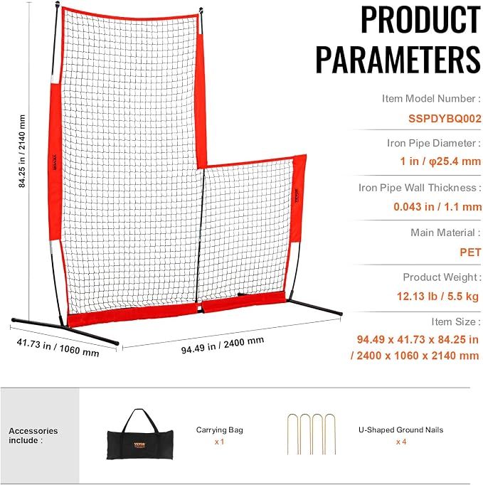 VEVOR Batting Screen - Baseball & Softball Protector with Carry Bag & Ground Stakes, Pitching Net for Pitchers Protection
