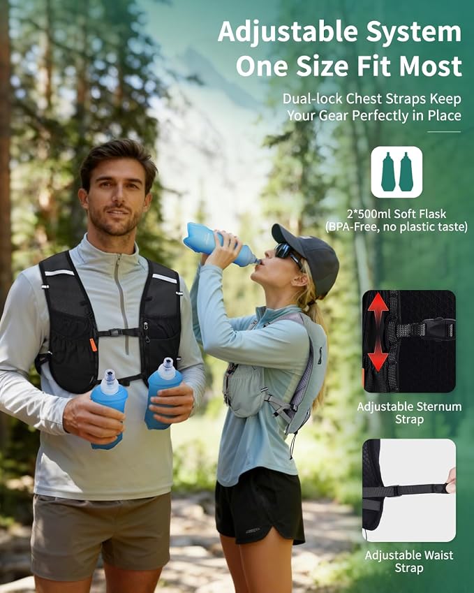 ECOHUB Running Hydration Vest Backpack with 2*500ML Soft Flask, Lightweight Trail Running Pack for Men Women, Adjustable No Bounce Hydration Backpack for Marathon Hiking Cycling