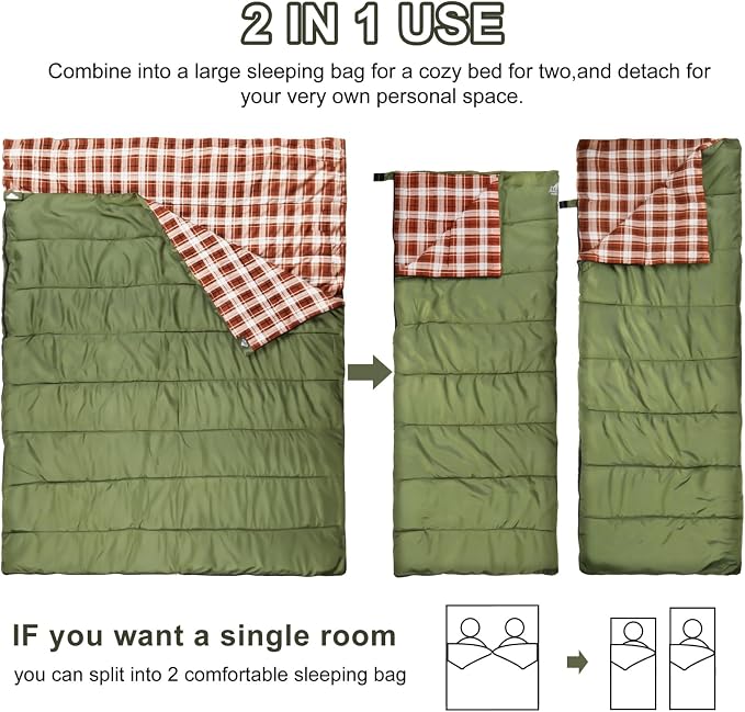 Cotton Flannel Double Sleeping Bag for Camping, Backpacking Or Hiking. Queen Size 2 Person Waterproof Sleeping Bag for Adults Or Teens. Lightweight with Compression Sack