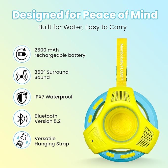 Mambobaby Floating Bluetooth Speaker with Collapsible Cup Holder, IPX7 Waterproof Shower Speaker with 360° Sound & LED Lights, Pool, with Versatile Hanging Strap, Great Gift for All Ages(Yellow Blue)