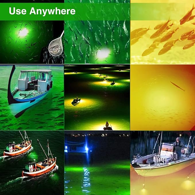300W 36000lm Underwater Fishing Light, IP68 Waterproof Aluminum Super Bright Night Fish Attracting Submersible LED Lamp Lure Bait Finder for Freshwater Saltwater Sea Kayak Ice Dock (Yellow)