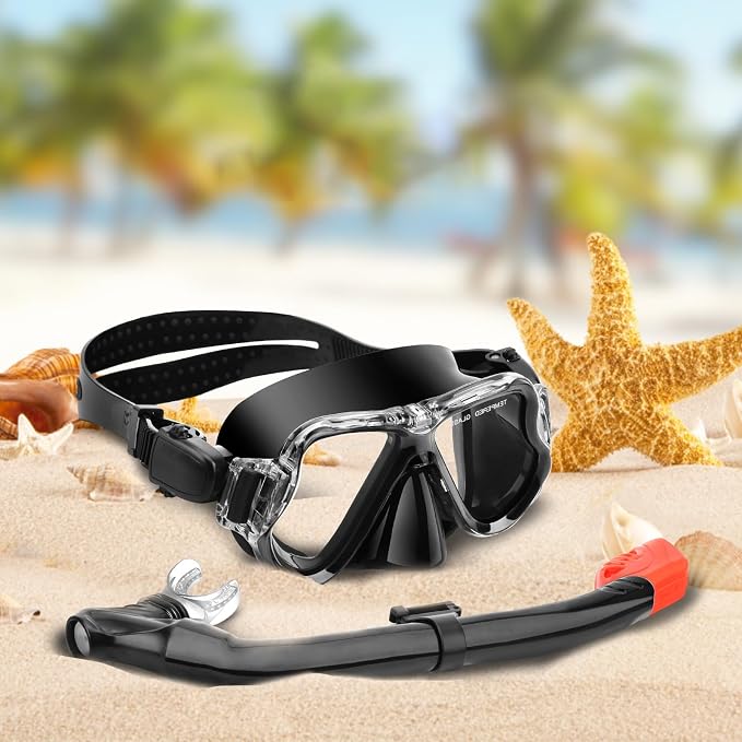 Snorkeling Gear for Kids, 4 in 1 Child Mask Fins Snorkel Set with Panoramic View Anti Fog Mask, Dry Top Snorkel, Trek Fins and Travel Bag, Kids Snorkeling Set with Fins for Snorkeling Swimming