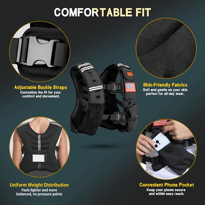 WANOON Weighted Vest for Men Women, 8lb/12lb/16lb/20lb/30lb/40lb Fixed Weight, Plus Size Fitness Vest with Phone Pocket & Reflective Strips for Walking Running Rucking Strength Training