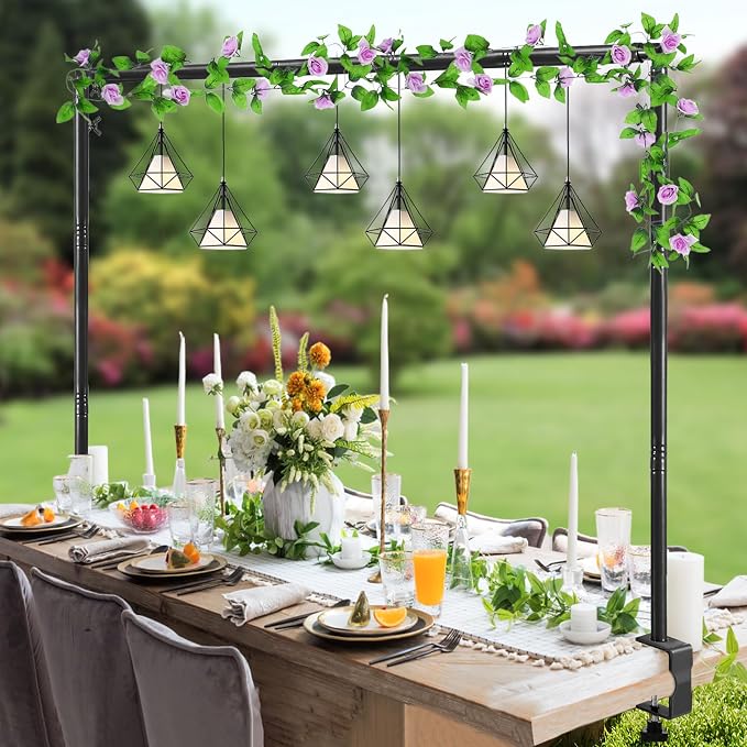 WellSign Over The Table Rod Stand with Clamps Adjustable 31"-110" Length 31"-64" Height, Table Balloon Arch Stand for Wedding Valentine Engagement Party, Black Table Arch Frame Hanging Decor Rod