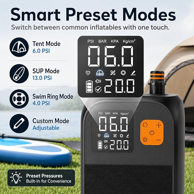 Susbie Paddle Board Electric Pump for Inflatables, Dual Stage Inflation & Deflation, Auto-Off, Wireless & Car Charging, for SUP Paddle Board, Air Mattress, Boat, Tent, Pool Float