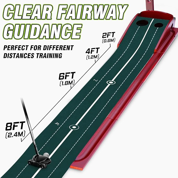 Golf Putting Mat Indoor with Automatic Ball Return, Premium Velvet Golf Practice Mat with Wooden Base, Dual Hole Sizes, Distance Markers, Indoor Putting Green for Home Office Golf Training