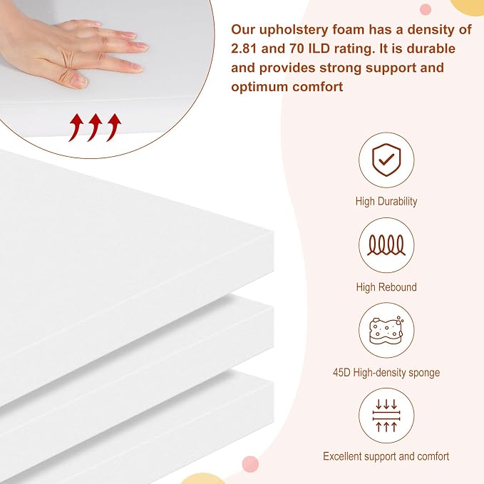High Density Upholstery Foam 2" X 20" X 20", 3PCS Couch Cushion Replacement - 45D Density 70 ILD (Firm), Square Foam Padding for Chairs, Cut to Size Foam Replacement Cushion for Sofa Chair Bench