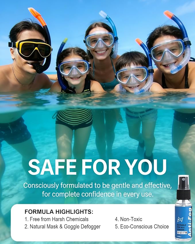 Safe Anti Fog Spray for Swim Goggles Glasses, 2 Pack Quick and Long-Lasting Defogger for Eye Glasses Swim Goggles Ski Goggles Snorkel Mask Scuba Diving Mask Motorcycle Helmet Visor Hockey Shield