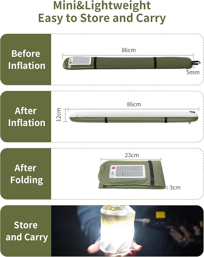 Solar Inflatable LED Tube Camping Light,Foldable Camping Lights Bars with USB Charging Built-in 4000mAh Battery for for Camping, Hiking, Travel Tent Lights