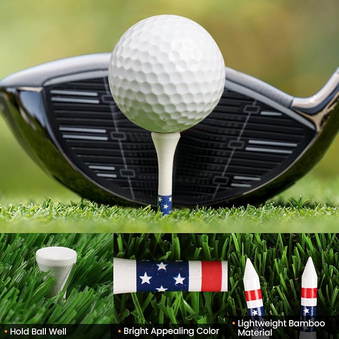 FINGER TEN Bamboo Golf Tees Wood 1 1/2 2 3/4 3 1/4 Inch Wooden Short Long Tee Color Bulk 250/500/1000/2000 Count for Men Women Kids in Red Pink USA Flag