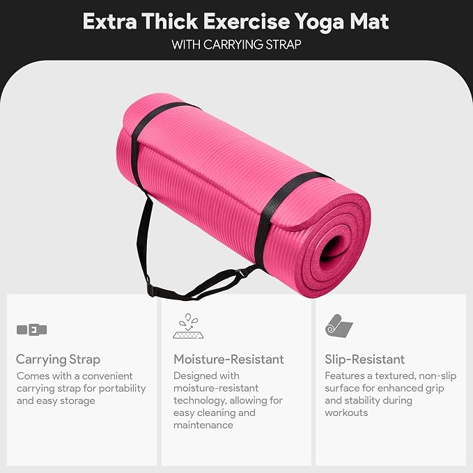 BalanceFrom Yoga Mat, 1-Inch Extra Thick High Density Exercise Mat, Anti-Tear Exercise Yoga Mat with Carrying Strap, Suitable for Various Yoga Exercises, Multiple Colors
