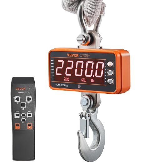 VEVOR Crane Scale, Hanging Scale Industrial Heavy Duty, Digital Crane Scale with Remote Control, Cast Aluminum Case & LED Screen, 2200 lbs/1000 kg,High Precision for Construction, Factory, Farm