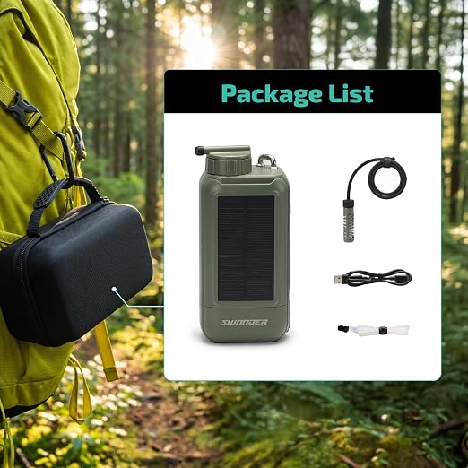 Swonder Portable Electric Water Filter – 0.01 Micron Camping Water Purifier with Solar & 5200mAh Battery, 4-Stage Filtration System for Hiking, Emergency, Survival