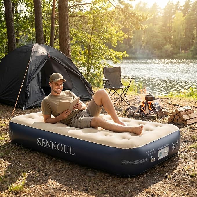 SENNOUL Air Mattress Twin with Built in Pump - 2 Mins Quick Self Inflatable,13"/550lbs Max Blow Up Bed, All Night Stability No Lost Air，No Peculiar Smell for Camping,Home,Guests & Portable Travel