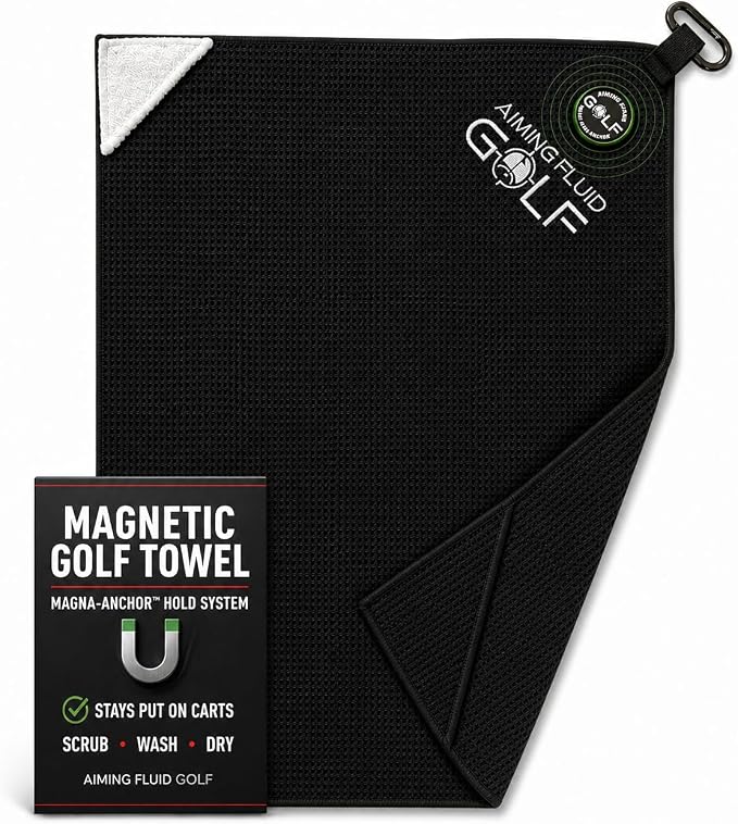Magnetic 3-Stage Cleaning System Golf Towel - Microfiber Rag with Magnet for Golfcart Bags for Men and Women Golfers Accessories (Black, 16" x 24" Stubby)