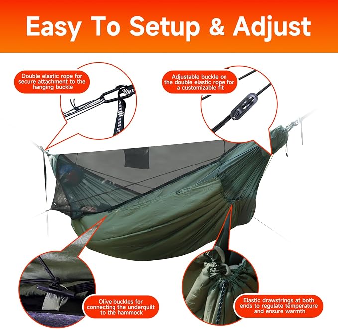 Camping Hammock with Underquilt, Lightweight Hanging Hammocks Tree Straps, All-in-one Fast Open Hammock for Outside, Hiking, and Travel