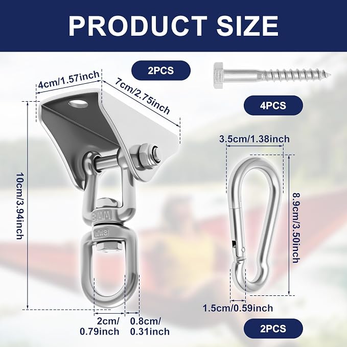 2Pcs 304 Stainless Steel Swing Hangers Heavy Duty-1000 LBS Weight Capacity,360° Rotatable Swing Hooks with Anti-Loose Nut & Wear-Resistant Washer for Ceiling,Porch Swing,Hammock,Punching Bag