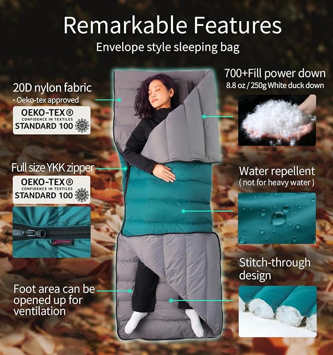 Litume Ultra Compact Down Sleeping Bag - 3 Season, Lightweight, 700 Fill Power, Packable for Adults, Double, Backpacking, Camping, Hiking, Family - With Stuff Sack