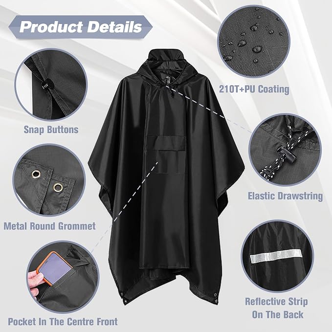 Roctee Rain Ponchos For Adults Women And Men, Waterproof Rain Coat Jacket With Hood, Pocket And Reflective Strip, Reusable Raincoat Unisex For Emergency Outdoor Camping Biking Hiking Climbing