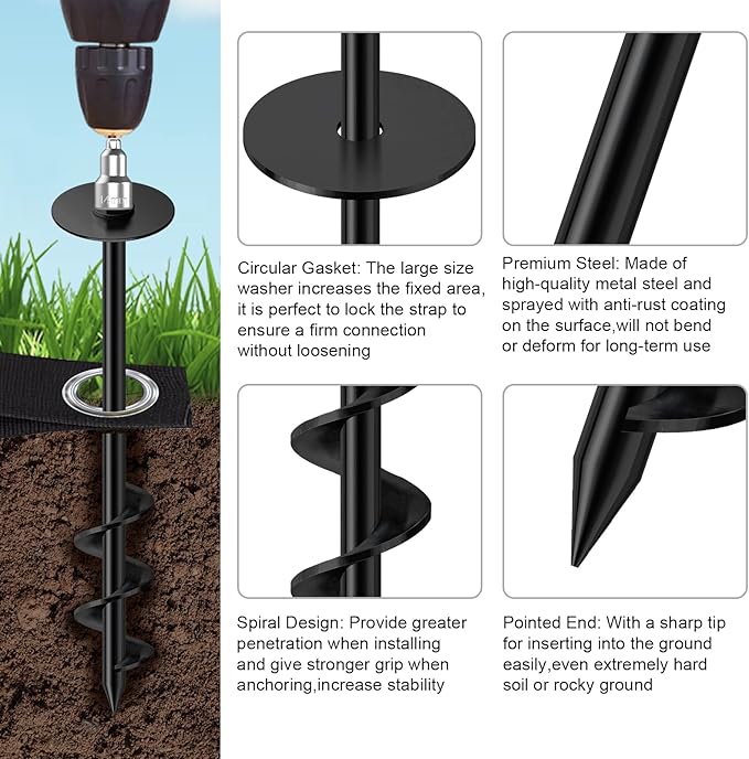 Eurmax USA 4 Pack Universal Ground Anchors High Wind, Heavy Duty Screw-in Trampoline Stakes with 4 Straps, Upgraded Commercial Anchor Kit for Outdoor Sheds, Swing Sets & Mobile Homes (Black)