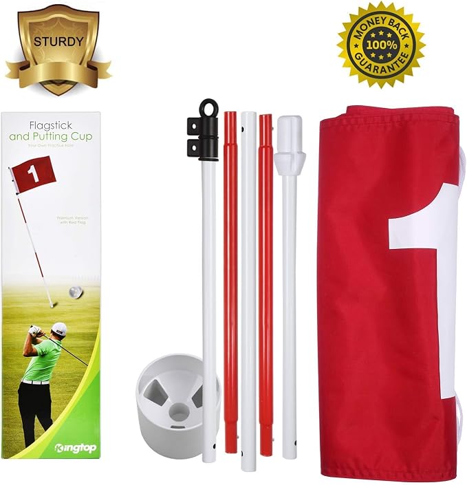 KINGTOP Golf Flagstick with USA Golf Flag, Putting Green Flags Hole Cup Set, 6 Feet in Height, Golf Pin Flags for Driving Range Backyard, 5-Section Design, with Additional Putting Green Replacement