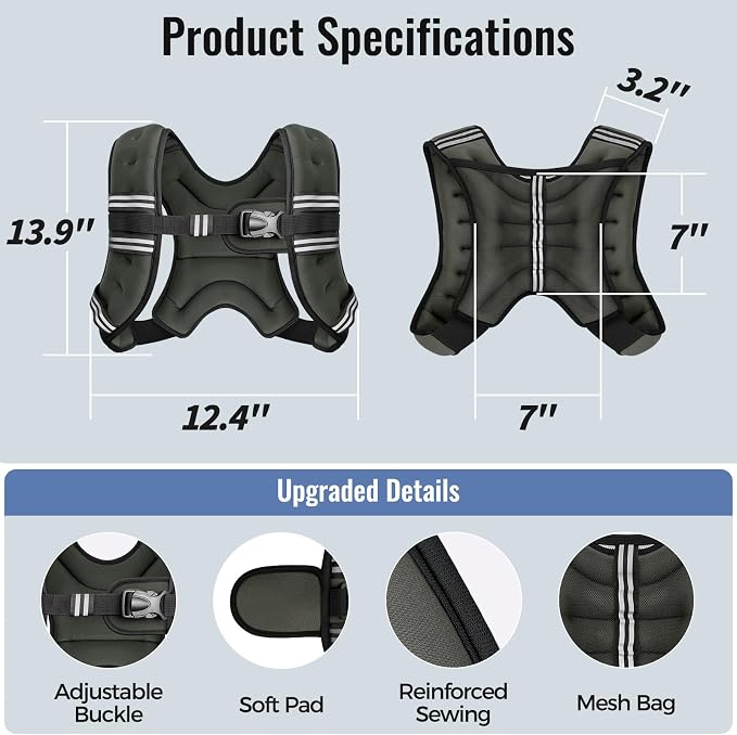 Zeerun Weighted Vest, 6lb/8lb/10lb/12lb/15lb/18lb/20lb/24lb/30lb for Men Women, Reflective Stripe Adjustable Buckle, Comfortable Durable Rucking Vest for Walking Running Strength Training