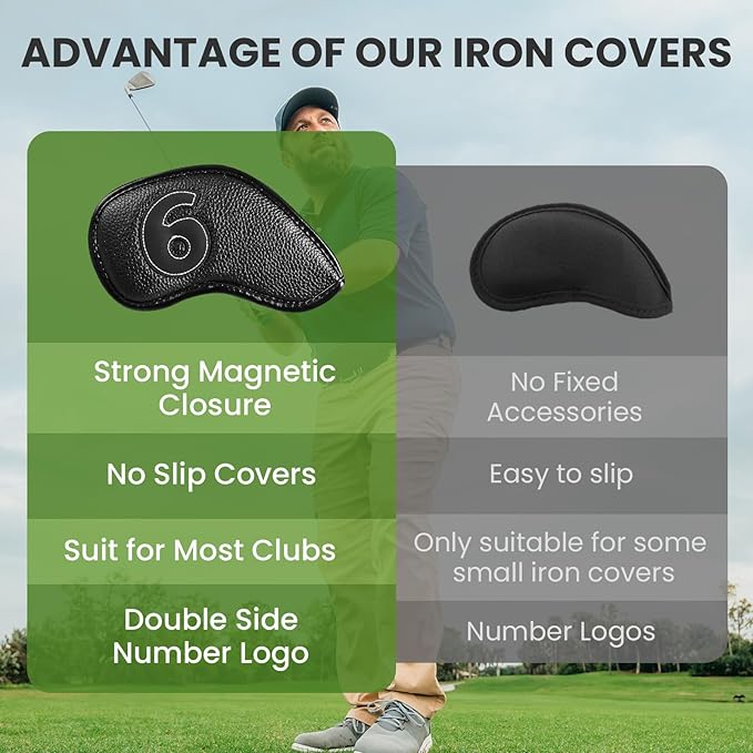 Golf Iron Covers Set Strong Magnetic Closure Value 10 Pack, Double Side Number Synthetic Leather Deluxe Club Headcover, Universal Head Cover Fit Main Irons Clubs for Women Men