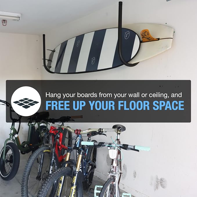 Ho Stevie! Surfboard Ceiling Racks - Free Up Your Floor Space - Hang Up To 3 Surf or SUP Boards - Won’t Rust/Corrode - Heavy Duty 75lbs Max - Easy Installation (Hardware Included)