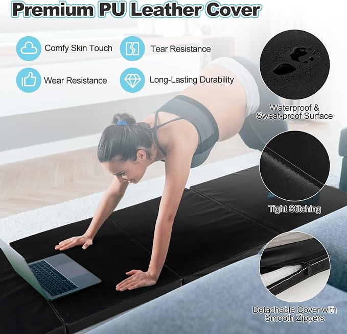 Goplus Gymnastics Mat, Folding Tumbling Mat with Carry Handles, Hook & Loop Fasteners, 4 Panels for Fitness Exercise Yoga Stretching Aerobics Workouts, Thick Gym Mats for Home