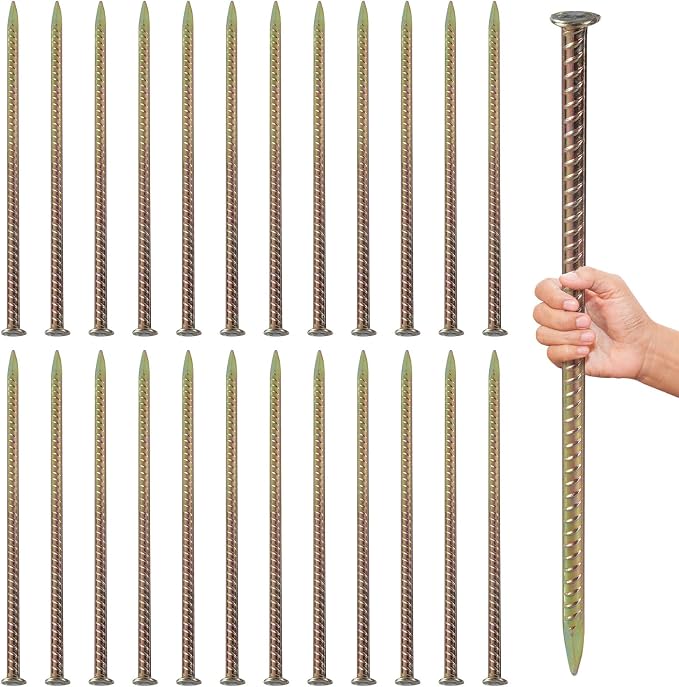 16 Inch Rebar Stakes, 1/2 Inch Diameter Galvanized Steel Ground Anchors, Heavy Duty Metal Spikes for Speed Bump, Wheel Stop, Parking Curb and Tent (24 Pack, Golden)