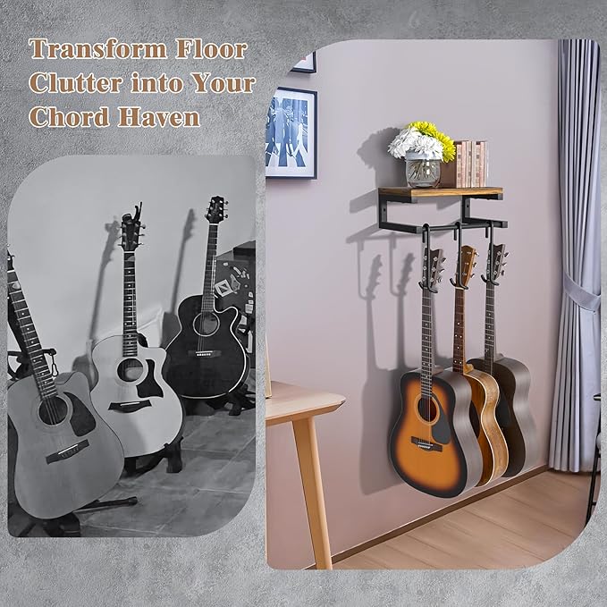 Keebofly Guitar Wall Mount Hangers Holds 3 Guitars with Rustic Shelf, 3-Detachable Guitar Hooks Universal Fit for Acoustic, Electric, Bass & Ukulele (Brown)