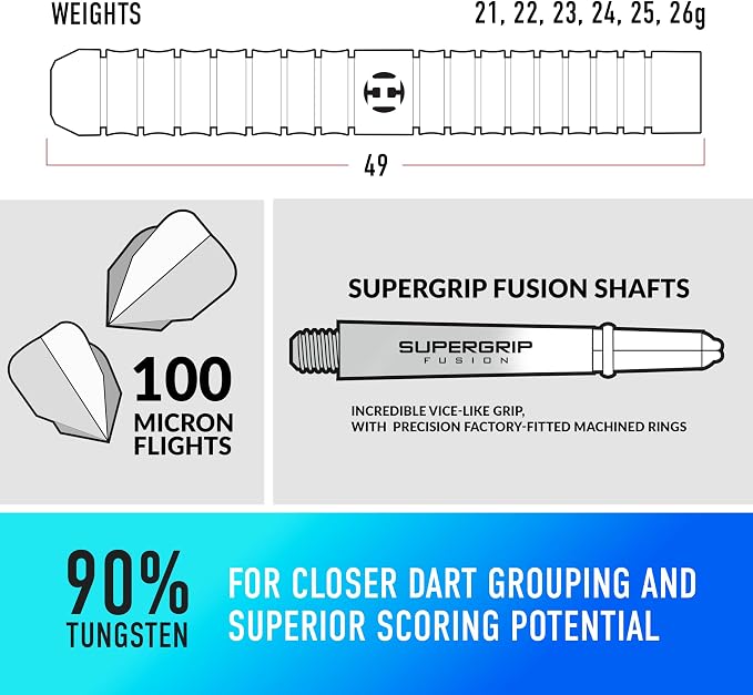 Harrows Pulse 90% Tungsten Steel Tip Darts Set 21g, 22g, 23g, 24g, 25g & 26g - Includes Recessed Curve Grip, Aqua Supergrip Fusion Shafts, Prime Flights & Travel Case