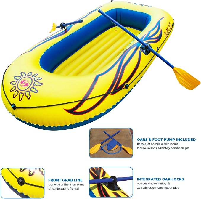 SOLSTICE Inflatable Boat Rafts 3 Person for Adults & Kids Comes W/ Oars Paddles Pump Pole Oar Holders Cushioned Comfortable Base Grab Line 8 Ft Size Sunskiff Kits Dinghy Air Floor Yellow